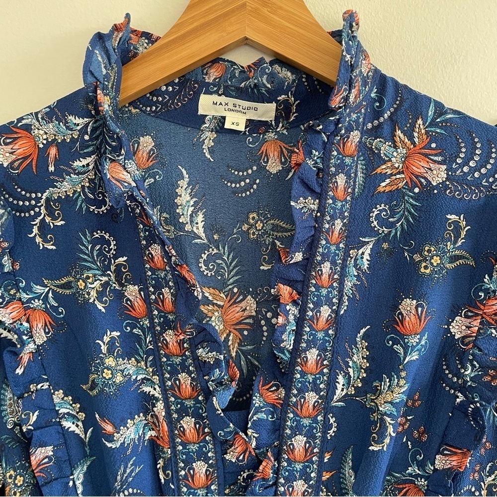 Floral Print Tiered Ruffle Maxi Dress Blue Size XS Prairie Cottagecore - Picture 7 of 10
